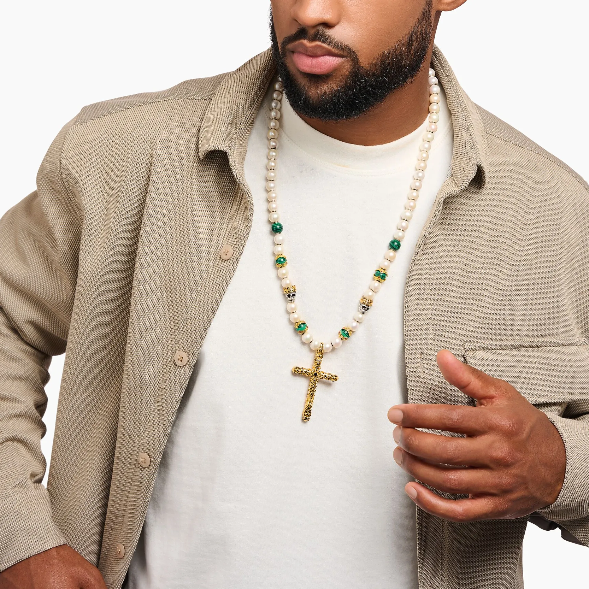 THOMAS SABO Necklaces & Chains|18-Carat Gold-Plating - 925 Silver-Gold-plated necklace made of different beads with cross pendant