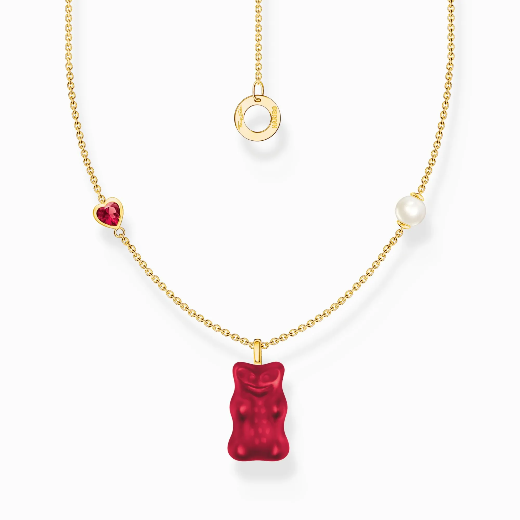 Women THOMAS SABO Necklaces|18-Carat Gold-Plating - 925 Silver-Gold-plated necklace with red goldbears pendant & freshwater pearl