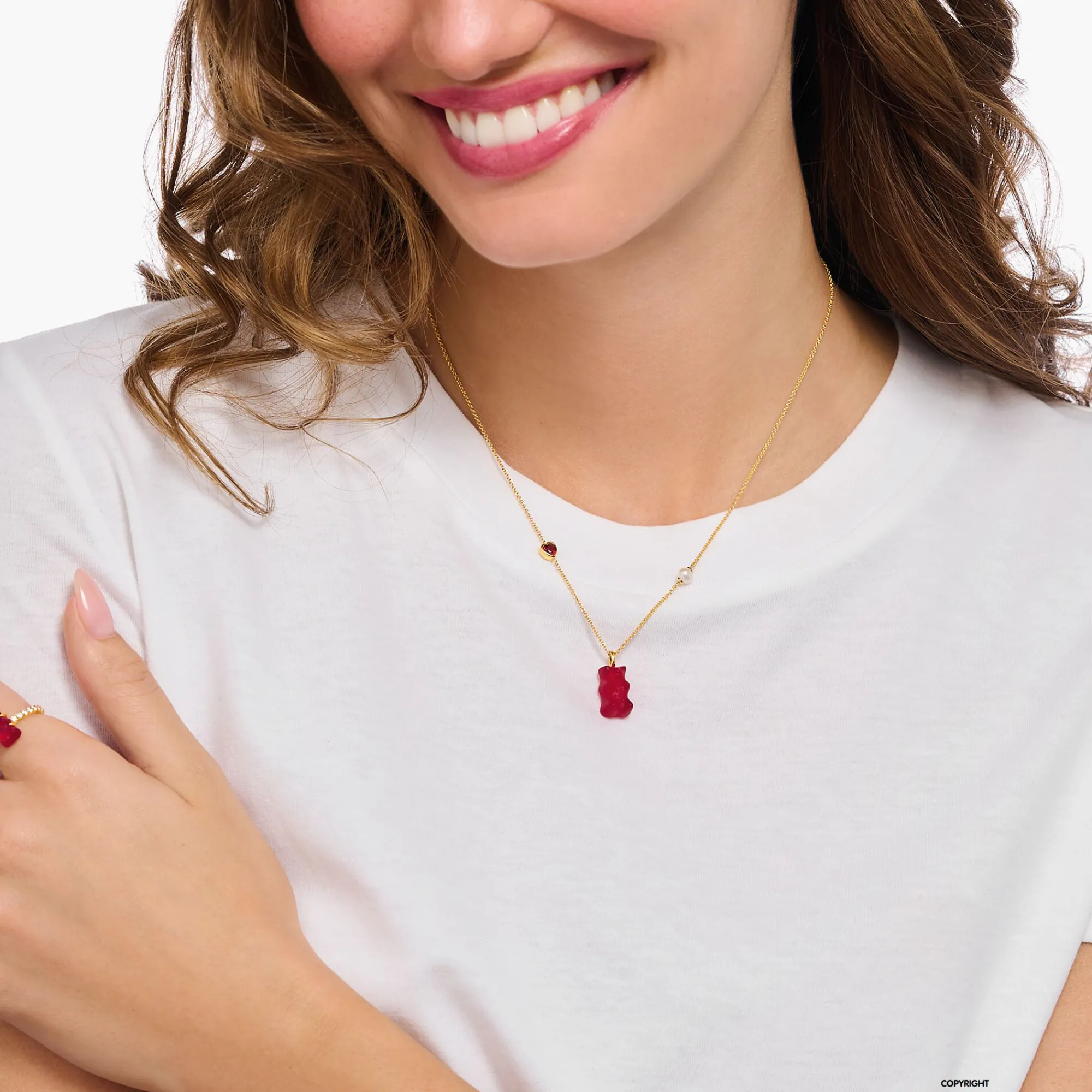 Women THOMAS SABO Necklaces|18-Carat Gold-Plating - 925 Silver-Gold-plated necklace with red goldbears pendant & freshwater pearl