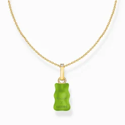 Women THOMAS SABO Necklaces|18-Carat Gold-Plating - 925 Silver-Gold-plated necklace with green goldbears pendant and zirconia