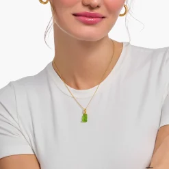 Women THOMAS SABO Necklaces|18-Carat Gold-Plating - 925 Silver-Gold-plated necklace with green goldbears pendant and zirconia