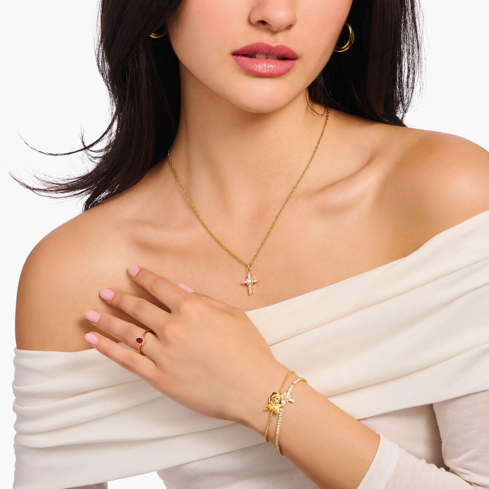 Women THOMAS SABO Necklaces-Gold-plated necklace with white cross pendant Cross Romance