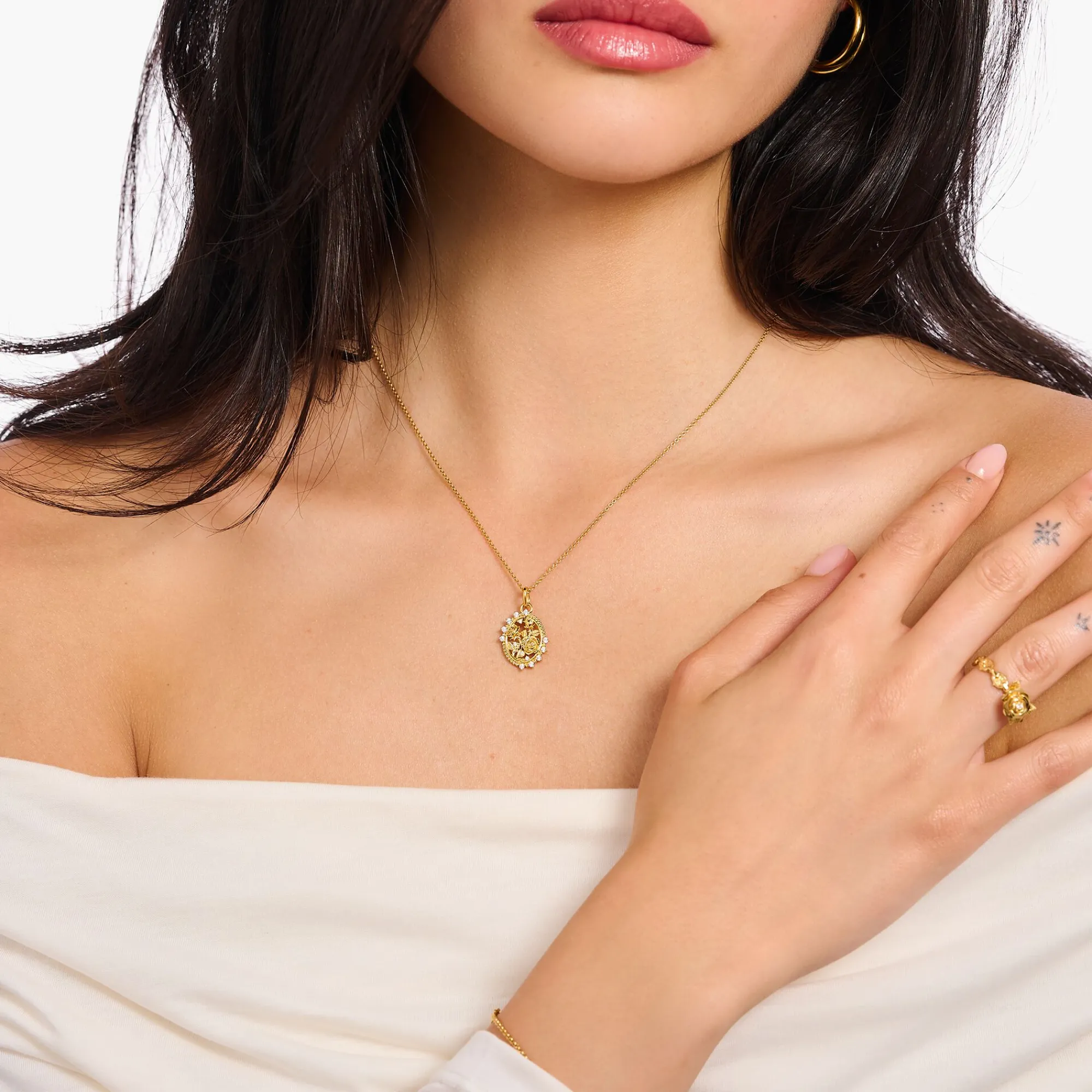Women THOMAS SABO Necklaces|18-Carat Gold-Plating - 925 Silver-Gold-plated necklace with pendant Roses Romance