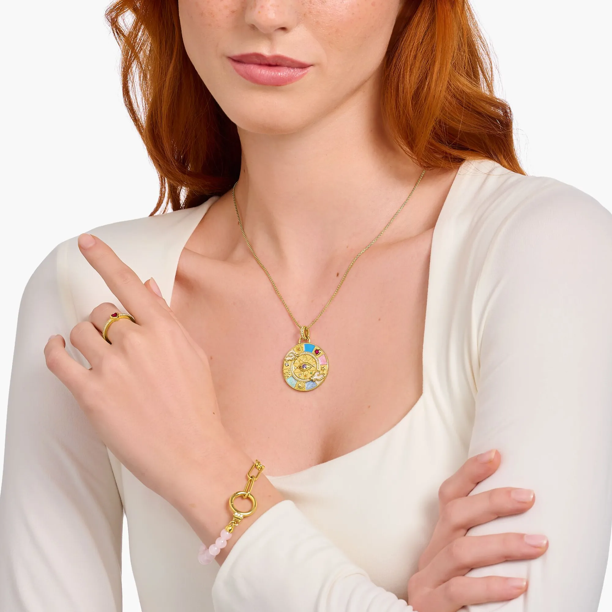 Women THOMAS SABO Pendants|18-Carat Gold-Plating - 925 Silver-Gold-plated pendant wheel of fortune with cold enamel and stones