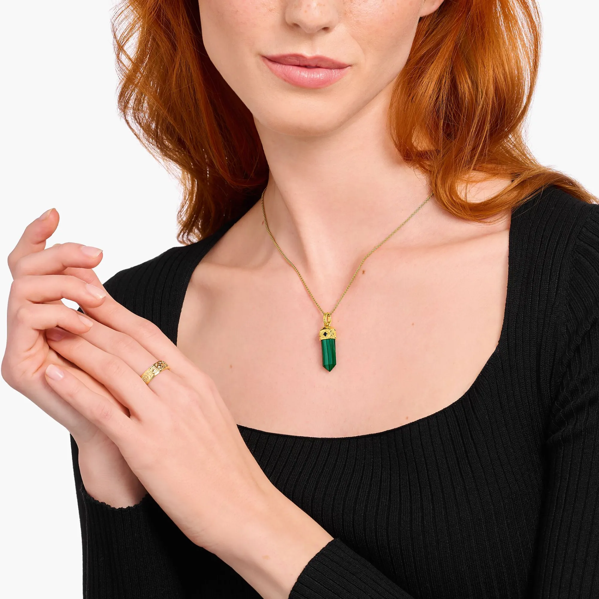 Women THOMAS SABO Pendants|Pendants-Gold-plated pendant with hexagon-cut green malachite