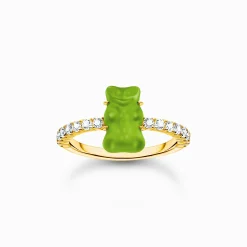 Women THOMAS SABO Rings|18-Carat Gold-Plating - 925 Silver-Gold-plated ring with green mini sized goldbears and zirconia