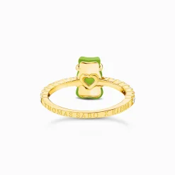 Women THOMAS SABO Rings|18-Carat Gold-Plating - 925 Silver-Gold-plated ring with green mini sized goldbears and zirconia