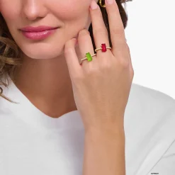 Women THOMAS SABO Rings|18-Carat Gold-Plating - 925 Silver-Gold-plated ring with green mini sized goldbears and zirconia