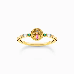 Women THOMAS SABO Rings|18-Carat Gold-Plating - 925 Silver-Gold-plated ring with palm tree and colourful stones