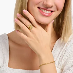 Women THOMAS SABO Rings|18-Carat Gold-Plating - 925 Silver-Gold-plated ring with palm tree and colourful stones