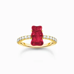 Women THOMAS SABO Rings|18-Carat Gold-Plating - 925 Silver-Gold-plated ring with red mini sized goldbears and zirconia