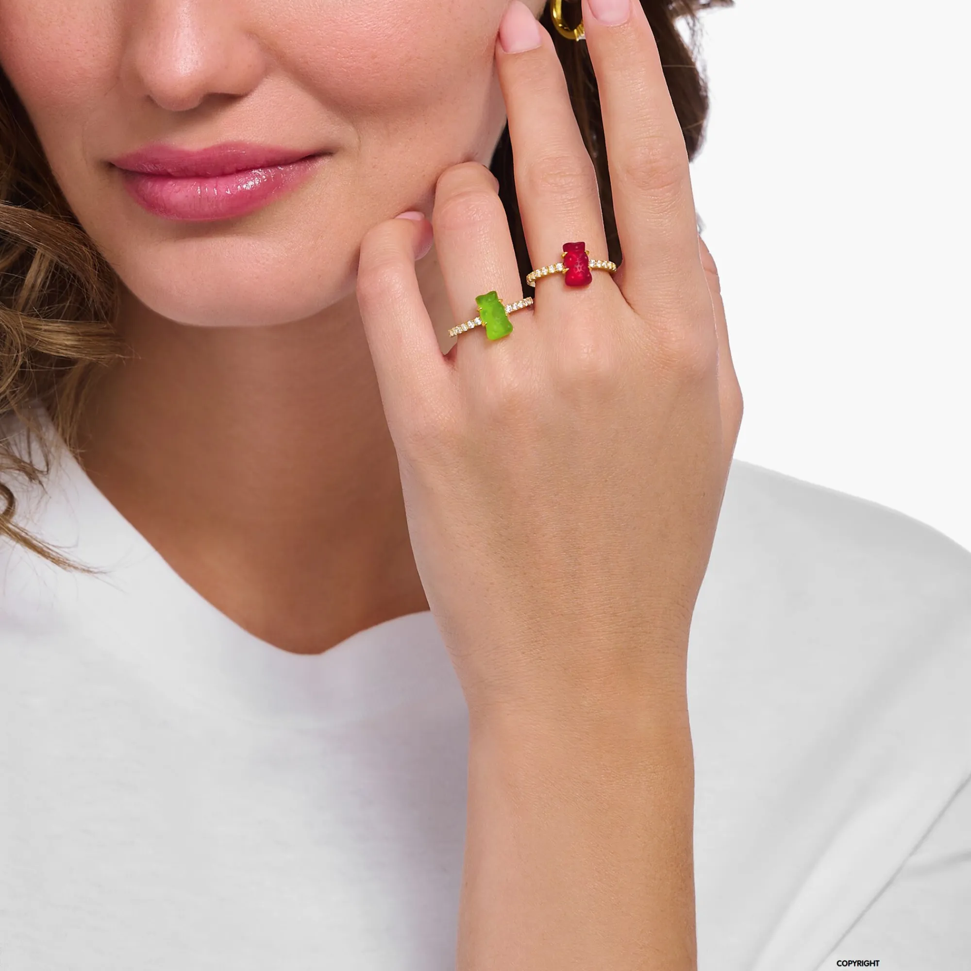 Women THOMAS SABO Rings|18-Carat Gold-Plating - 925 Silver-Gold-plated ring with red mini sized goldbears and zirconia