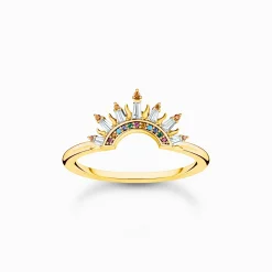 Women THOMAS SABO Rings|18-Carat Gold-Plating - 925 Silver-Gold-plated ring with sun beams and colourful stones