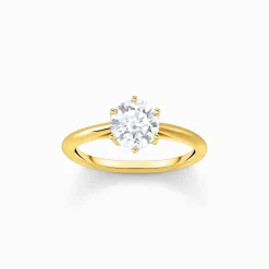 Women THOMAS SABO Rings|18-Carat Gold-Plating - 925 Silver-Gold-plated ring with white zirconia in brilliant cut