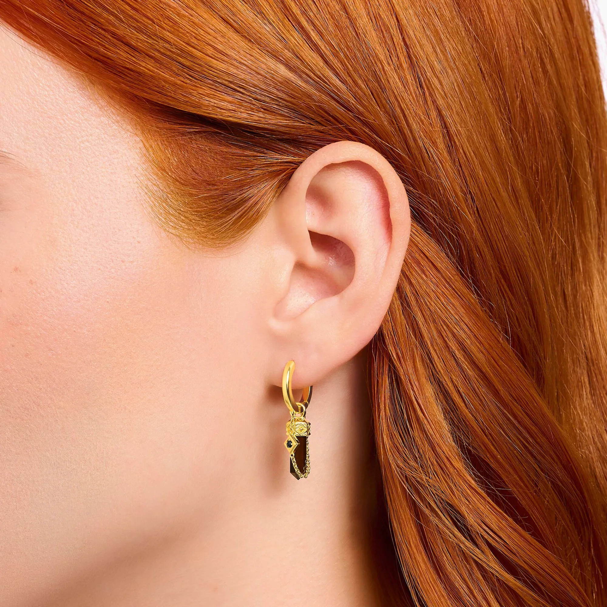 Women THOMAS SABO Hoop Earrings|Ear Studs & Hoops-Gold-plated single hoop earring with red tiger's eye pendant