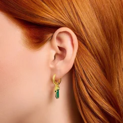 Women THOMAS SABO Hoop Earrings|Ear Studs & Hoops-Gold-plated single hoop earring with green malachite pendant