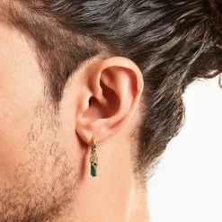 Women THOMAS SABO Hoop Earrings|Ear Studs & Hoops-Gold-plated single hoop earring with green malachite pendant