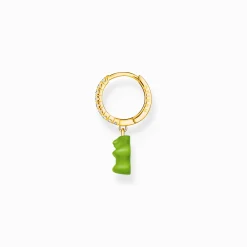 Women THOMAS SABO Hoop Earrings|18-Carat Gold-Plating - 925 Silver-Gold-plated single hoop earring with green goldbears & zirconia