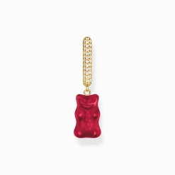 Women THOMAS SABO Hoop Earrings|18-Carat Gold-Plating - 925 Silver-Gold-plated single hoop earring medium sized with red goldbears