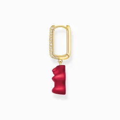 Women THOMAS SABO Hoop Earrings|18-Carat Gold-Plating - 925 Silver-Gold-plated single hoop earring medium sized with red goldbears