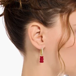 Women THOMAS SABO Hoop Earrings|18-Carat Gold-Plating - 925 Silver-Gold-plated single hoop earring medium sized with red goldbears