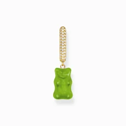 Women THOMAS SABO Hoop Earrings|18-Carat Gold-Plating - 925 Silver-Gold-plated single hoop earring medium sized with green goldbears
