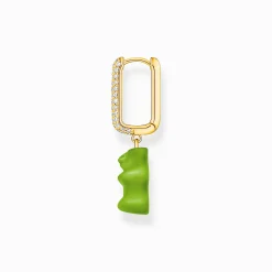 Women THOMAS SABO Hoop Earrings|18-Carat Gold-Plating - 925 Silver-Gold-plated single hoop earring medium sized with green goldbears