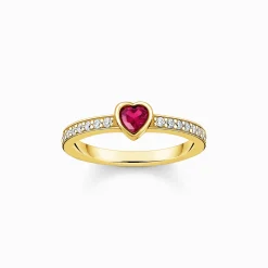 Women THOMAS SABO Rings|18-Carat Gold-Plating - 925 Silver-Gold-plated solitaire ring with red heart-shaped stone