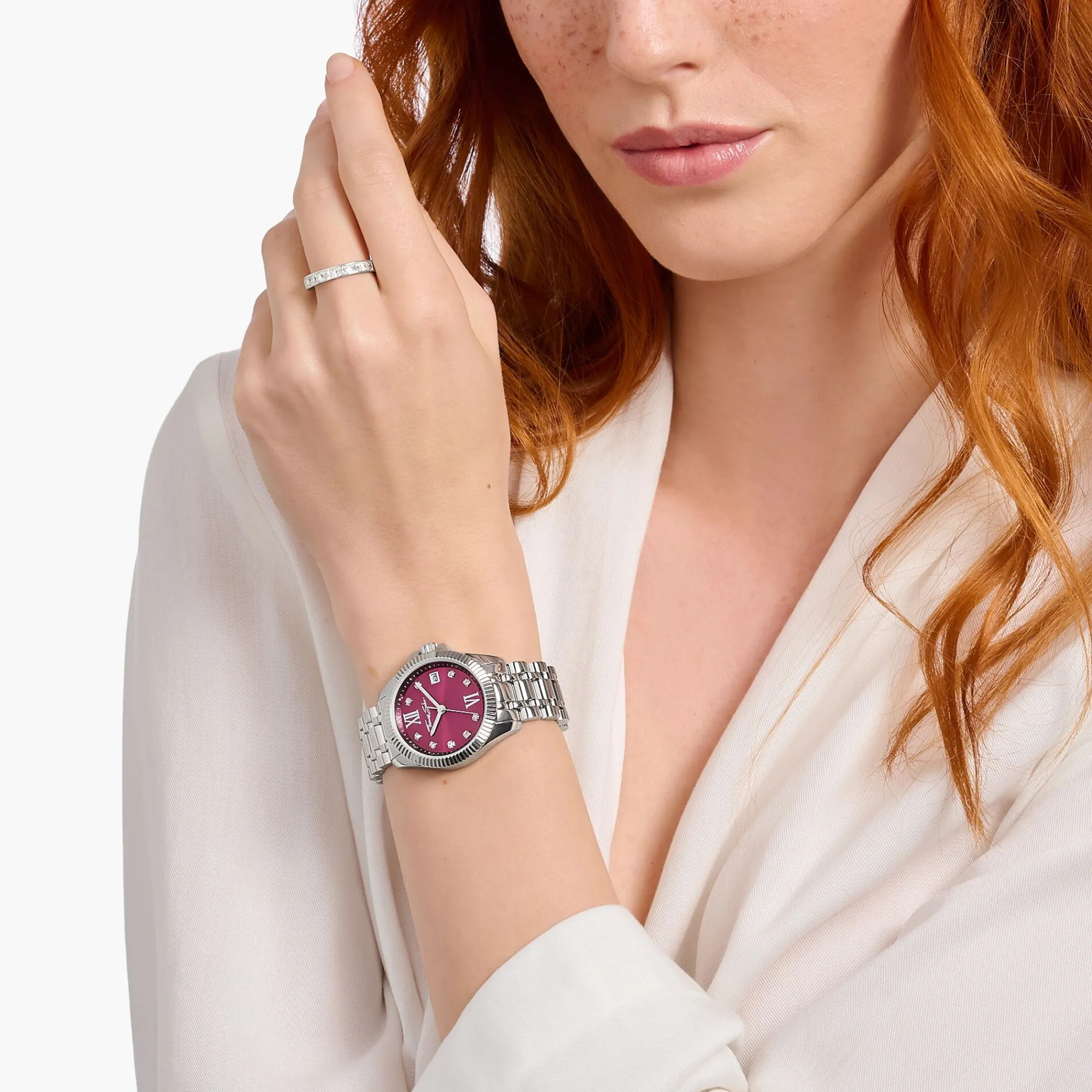Women THOMAS SABO Watches|Ladies' Watches-Ladies' watch Divine Burgundy with wine-red dial and white stones silver