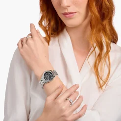 Women THOMAS SABO Watches|Ladies' Watches-Ladies' watch Divine Silver with black dial and white stones silver