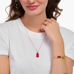 Women THOMAS SABO Pendants|18-Carat Gold-Plating - 925 Silver-Large gold-plated pendant with red goldbears and zirconia