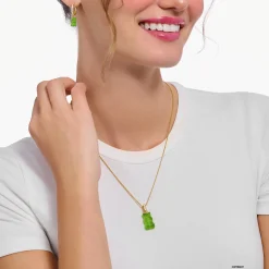 Women THOMAS SABO Pendants|18-Carat Gold-Plating - 925 Silver-Large gold-plated pendant with green goldbears and zirconia