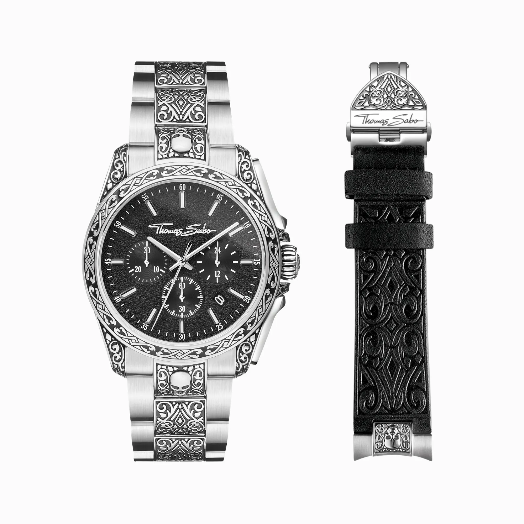 THOMAS SABO Watches|Watches-Men’s watch Rebel at Heart skull silver black
