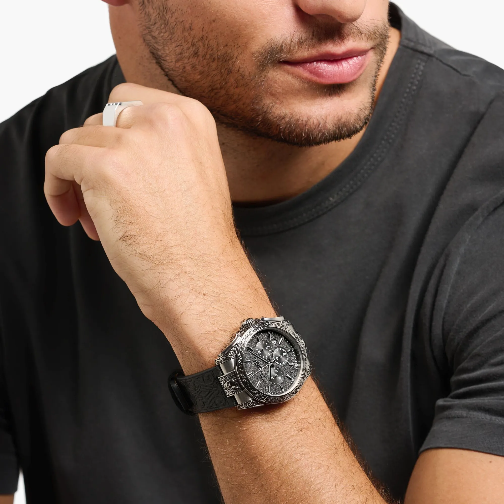 THOMAS SABO Watches|Watches-Men’s watch Rebel at Heart skull silver black