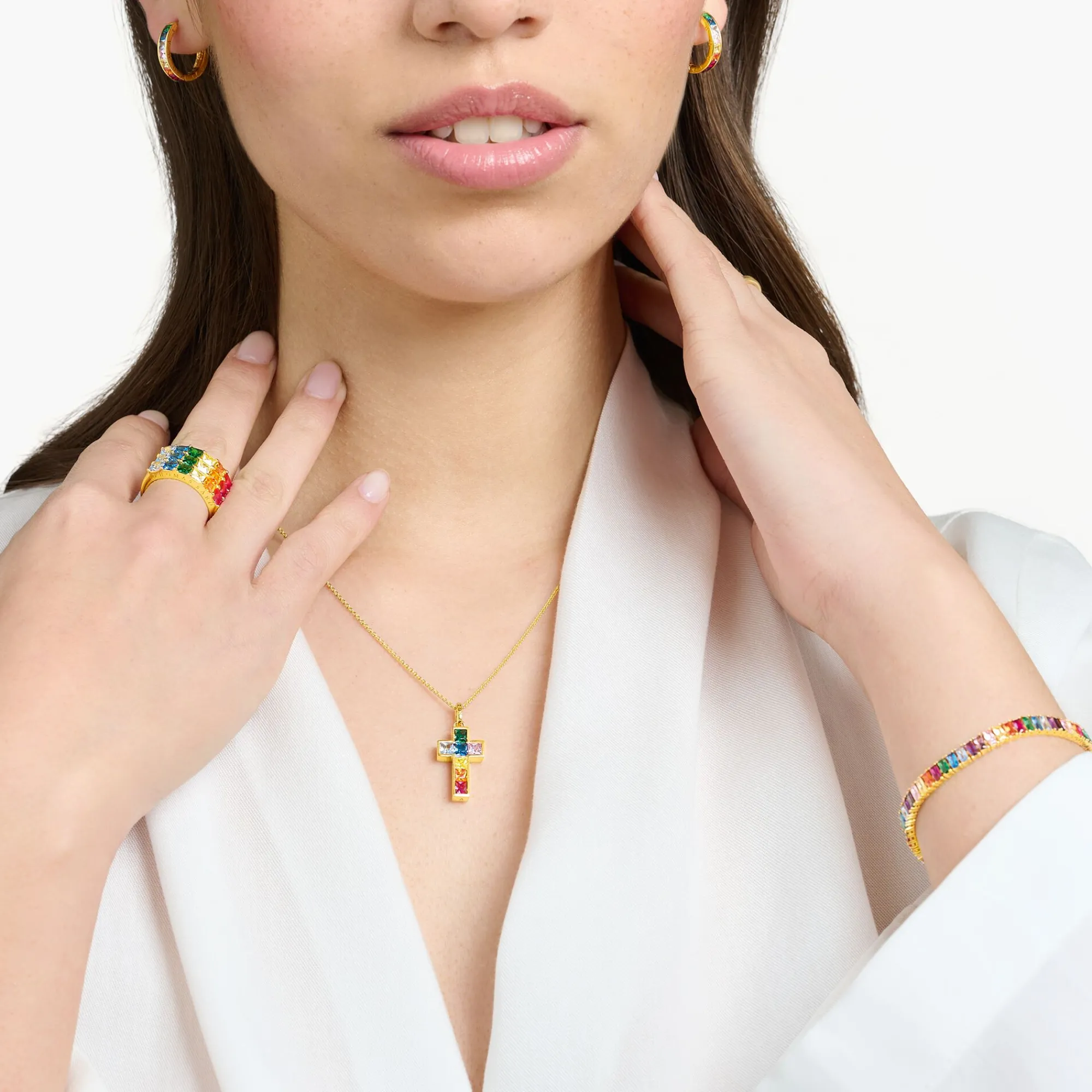 Women THOMAS SABO Necklaces-Necklace cross with colourful stones gold plated