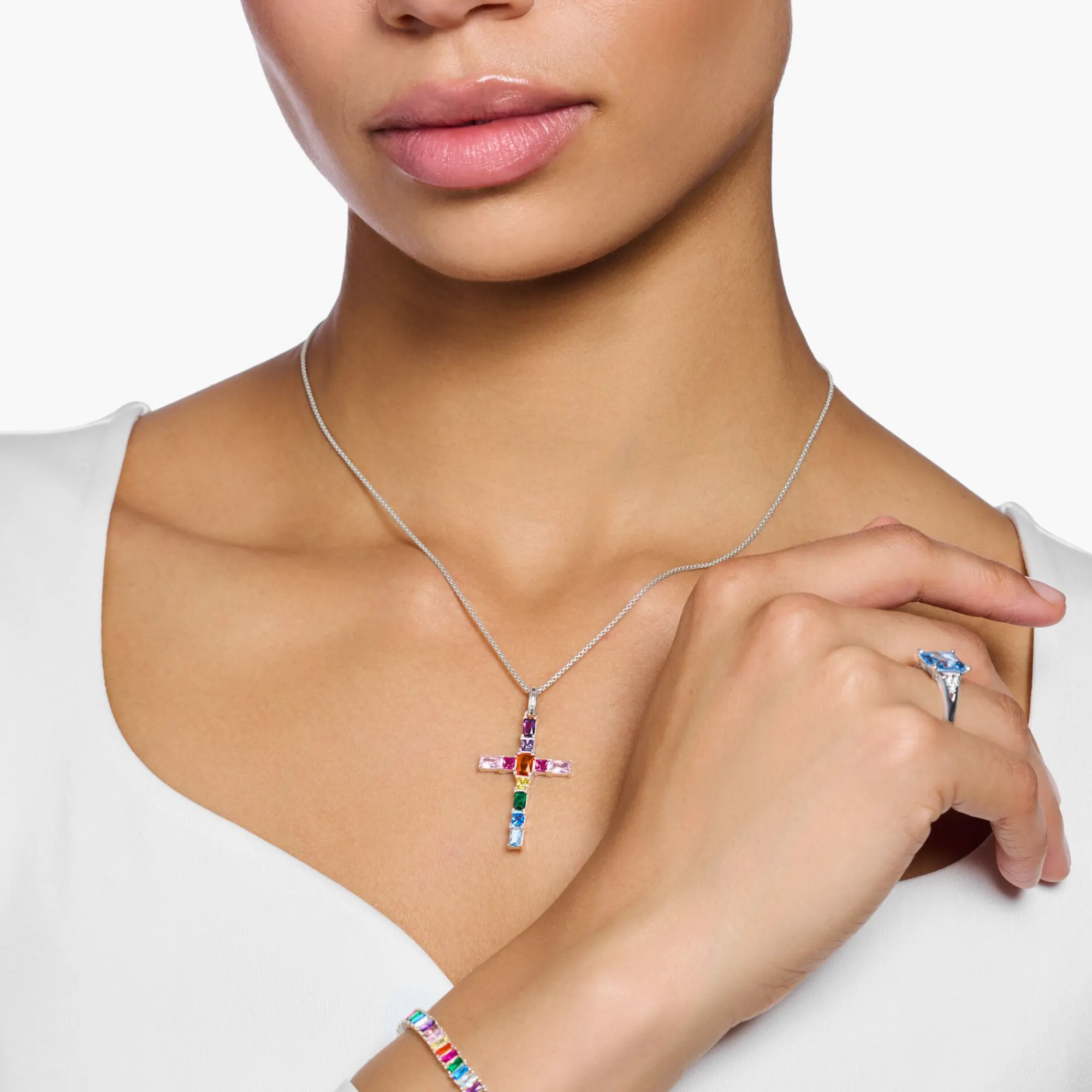Women THOMAS SABO Necklaces|Pendants-Pendant cross with colourful stones silver