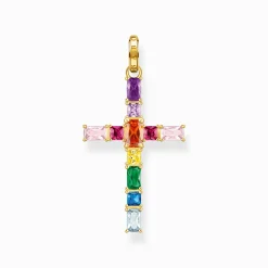Women THOMAS SABO Necklaces|Pendants-Pendant cross with colourful stones gold plated