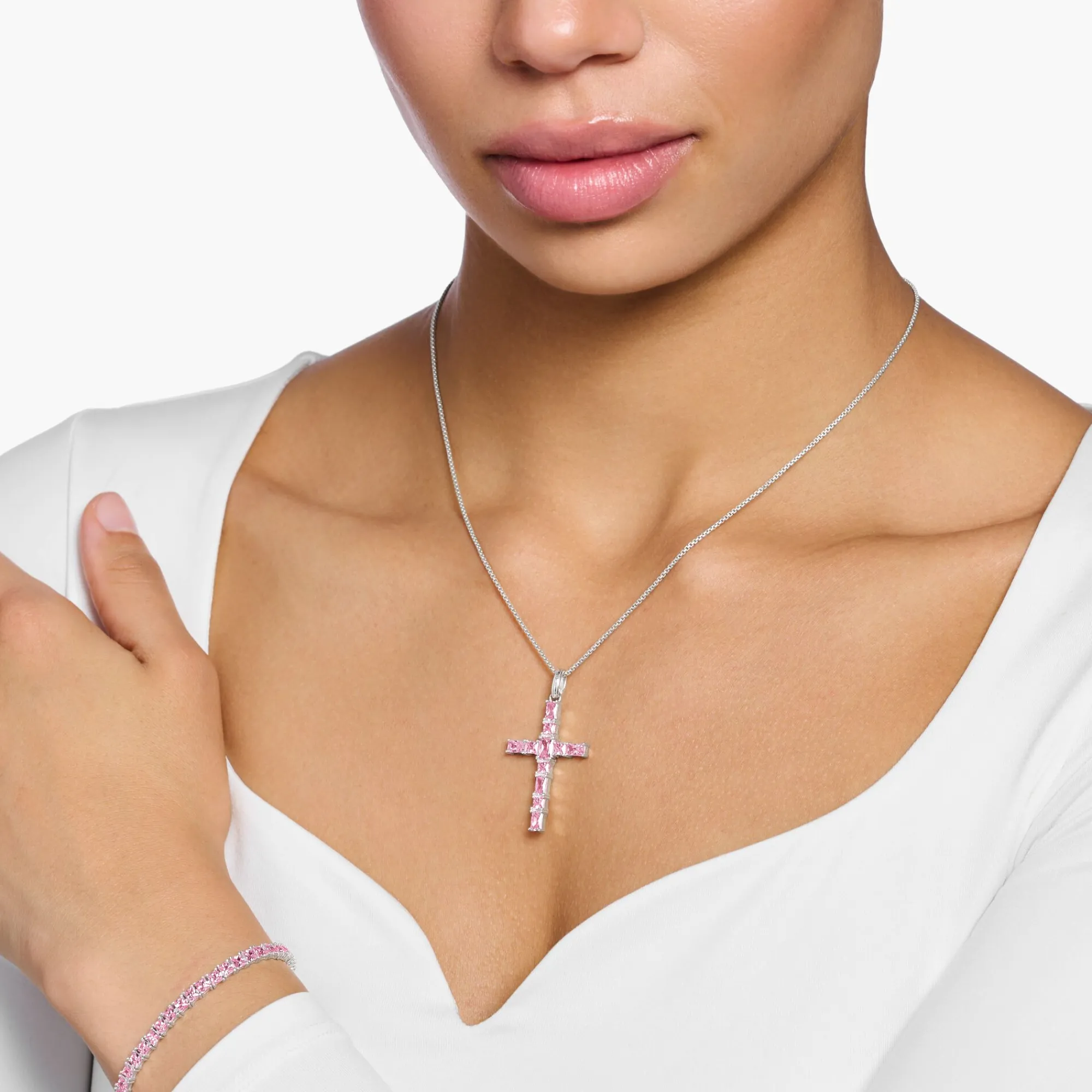 Women THOMAS SABO Necklaces|Pendants-Pendant cross with pink stones silver