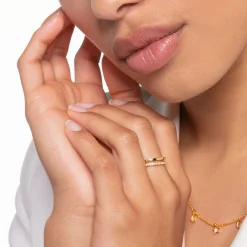 Women THOMAS SABO Rings|18-Carat Gold-Plating - 925 Silver-Ring double white stones gold