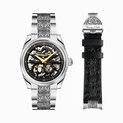 THOMAS SABO Watches|Watches-Silver automatic watch with 41 mm, black dial & acanthus pattern