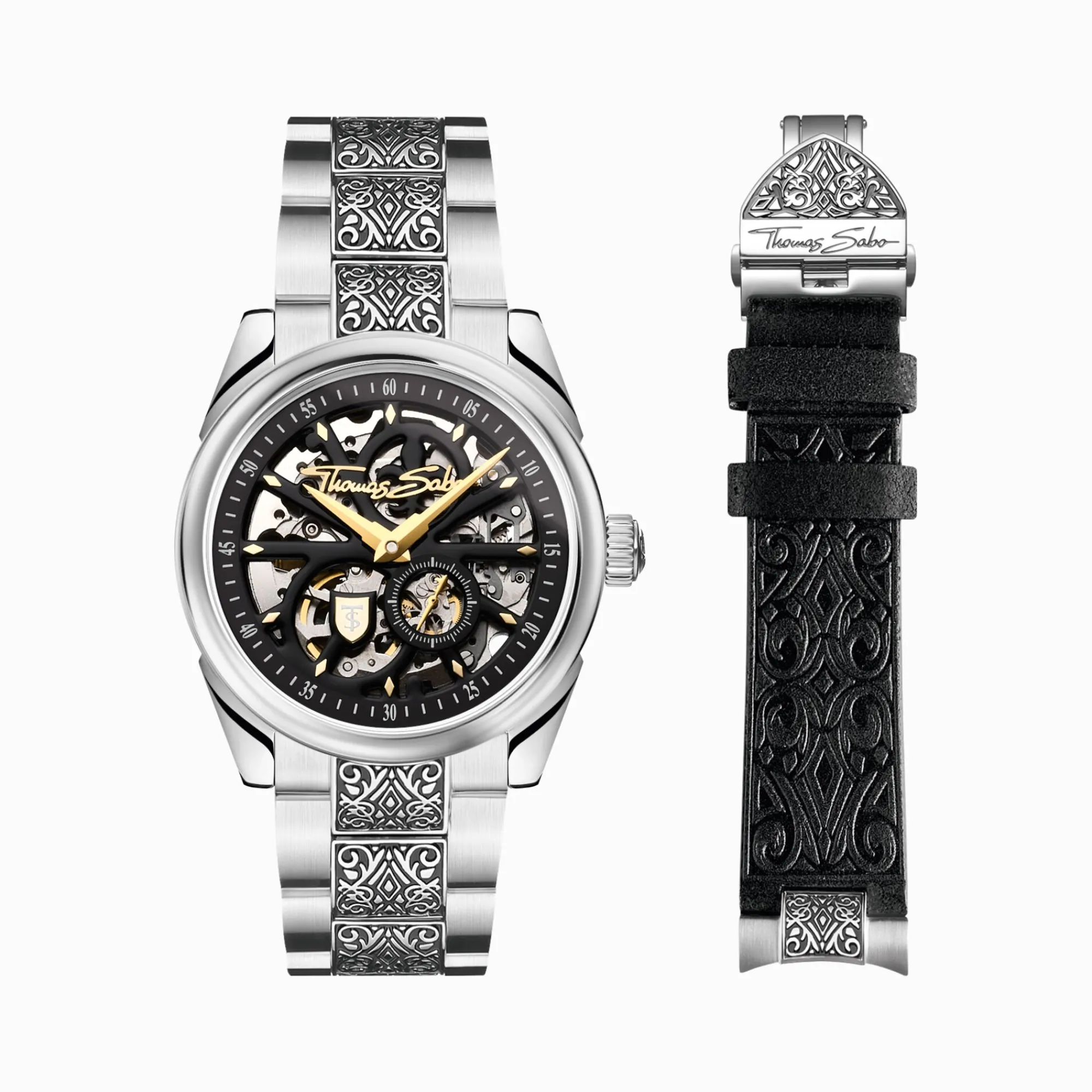 THOMAS SABO Watches|Watches-Silver automatic watch with 41 mm, black dial & acanthus pattern