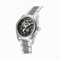 THOMAS SABO Watches|Watches-Silver automatic watch with 41 mm, black dial & acanthus pattern