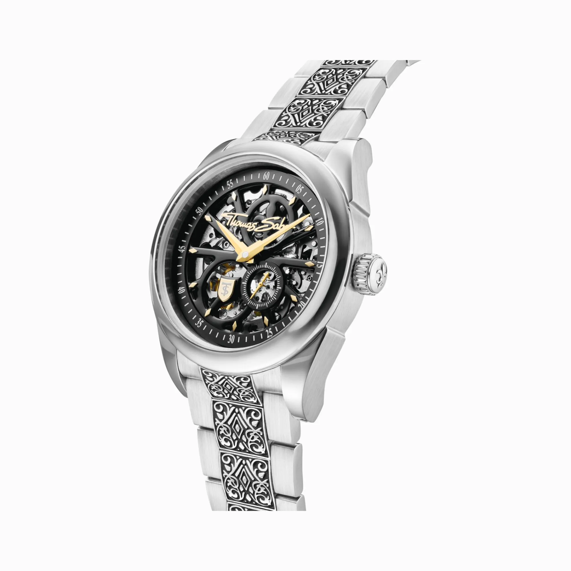 THOMAS SABO Watches|Watches-Silver automatic watch with 41 mm, black dial & acanthus pattern