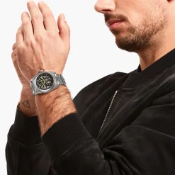 THOMAS SABO Watches|Watches-Silver automatic watch with 41 mm, black dial & acanthus pattern