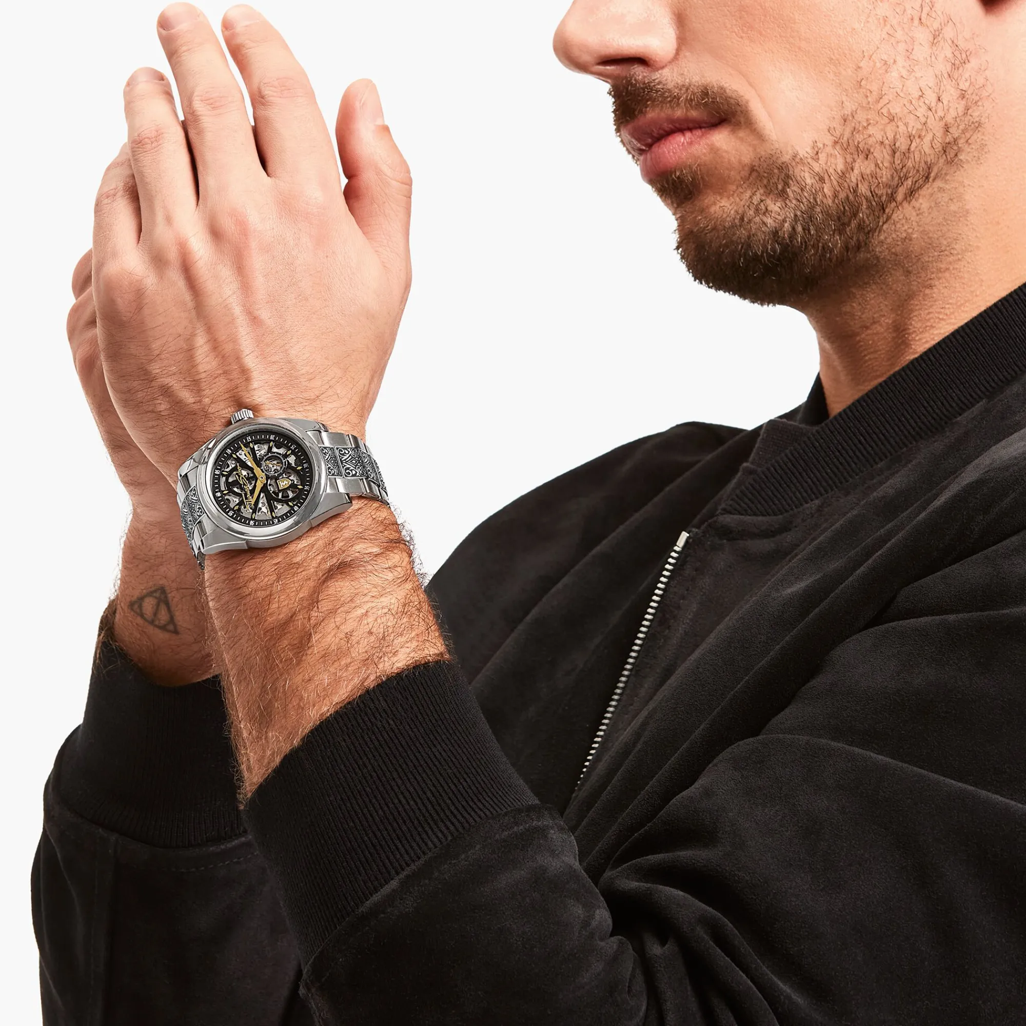 THOMAS SABO Watches|Watches-Silver automatic watch with 41 mm, black dial & acanthus pattern