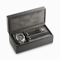 THOMAS SABO Watches|Watches-Silver automatic watch with 41 mm, black dial & acanthus pattern
