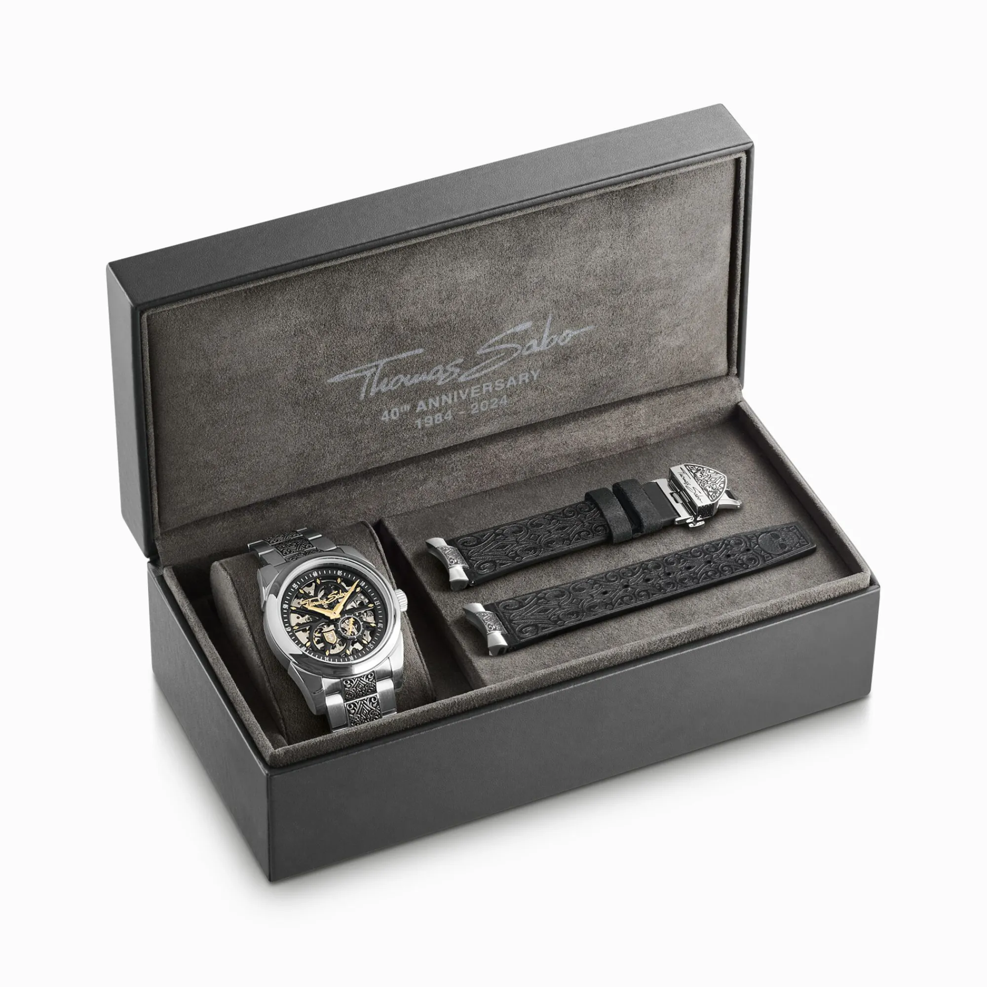 THOMAS SABO Watches|Watches-Silver automatic watch with 41 mm, black dial & acanthus pattern