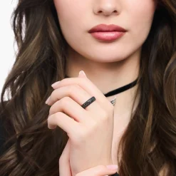 Women THOMAS SABO Rings|925 Silver-Silver band ring with black zirconia and engraving