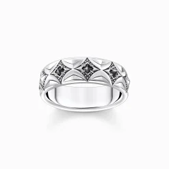 Women THOMAS SABO Rings|Rings-Silver blackend band ring with rhombus pattern and zirconia