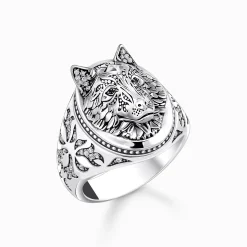 Women THOMAS SABO Rings|Rings-Silver blackend signet ring wolf's face with stones